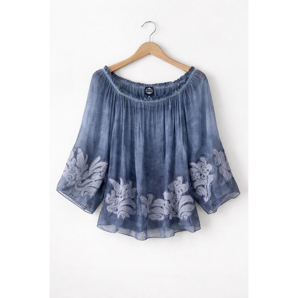 Le Marais Paris Silk Blouse Blue Boho Peasant Top Sheer Embroidered Italy XL